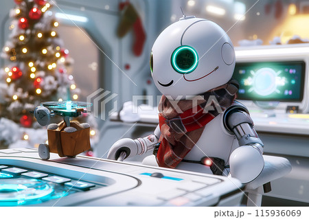 Robot snowman with LED eyes and scarf working as a programmer at a desk in a futuristic office sends Merry Christmas greetings using drones Robot snowman with LED eyes and scarf working as a programmer at a desk in a futuristic office sends Merry Christmas greetings using drones 115936069