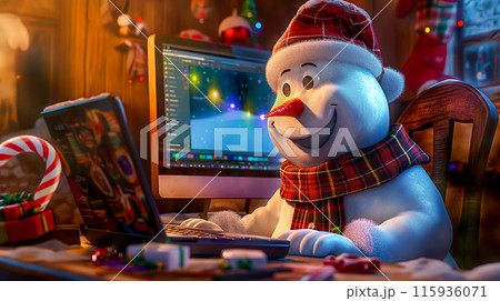 Snowman working on laptops, desktop with festive Christmas symbols, creates a fun digital workspace, idea for a Merry Christmas card 115936071