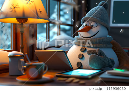 Happy snowman in a cozy scarf and hat reading Merry Christmas greetings on a tablet, idea for a New Year card or winter holidays greetings 115936080