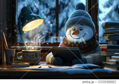 3D drawing with a happy snowman in a cozy sweater reading Merry Christmas greetings on a tablet, idea for a New Year card or winter holidays greetings 115936081