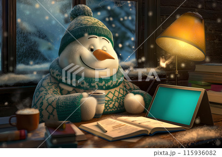 Satisfied snowman in a cozy sweater with a mug of cocoa in his hand reading Christmas tales, an idea for a New Year's card or congratulations 115936082