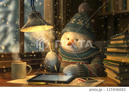 A snowman in a knitted sweater and hat writing a message on a tablet, next to a steaming mug of cocoa, an idea for a New Year's card 115936083