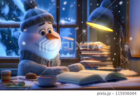 Cute snowman in a knitted sweater and hat reading fairy tales at the table in his office, next to a steaming mug of cocoa and Christmas cookies, drawing for a New Year card 115936084
