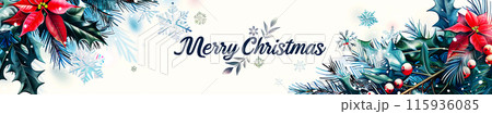 A drawing with the inscription Merry Christmas decorated with holly, a poinsettia flower, branches of a Christmas wreath woven around the card, a web banner idea for website design 115936085
