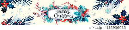 Watercolor web banner in retro style, decorated with holly, poinsettia flower, Christmas wreath branches woven around the card, the inscription "Merry Christmas" 115936086