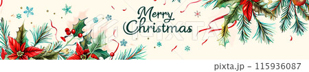 Retro style Christmas banner decorated with holly, poinsettia flower, Christmas wreath branches woven around the card, "Merry Christmas" inscription 115936087