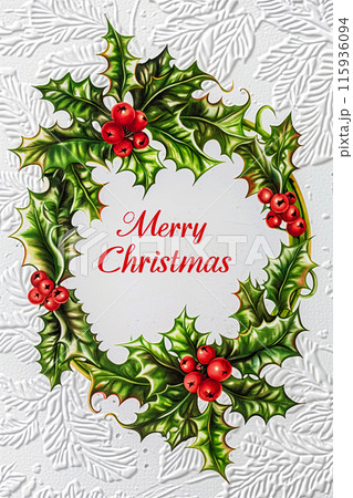 Illustration on vintage paper postcard with a Christmas wreath of holly and the inscription in the center - Merry Christmas, vertical postcard idea in retro style 115936094
