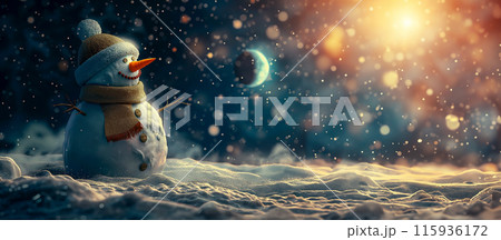 New Year banner with a snowman on a snowy field in the night magical lighting and falling snow, free space for text New Year banner with a snowman on a snowy field in the night magical lighting and falling snow, free space for text 115936172