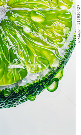 Close-up drawing of half a lime with drops of juice on the edge of the slice, bright green shades and delicate citrus texture idea for background or screensaver Close-up drawing of half a lime with drops of juice on the edge of the slice, bright green shades and delicate citrus texture idea for background or screensaver 115936427