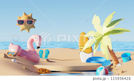 3D render, Summer vacation beach with podium displays for showing cosmetic and product, minimal summer travel elements. 3D render, Summer vacation beach with podium displays for showing cosmetic and product, minimal summer travel elements. 115936428