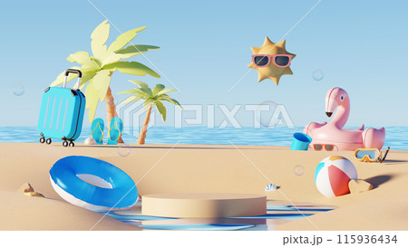3D render, Summer background with empty podium displays and minimal element, beach and sea scene for mock up. 115936434