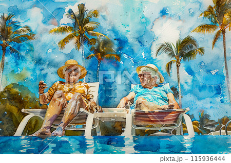 Watercolor painting of an elderly couple of girlfriends enjoying a sunny day by the pool at a tropical resort sitting in sun loungers, active in old age and caring for the elderly 115936444