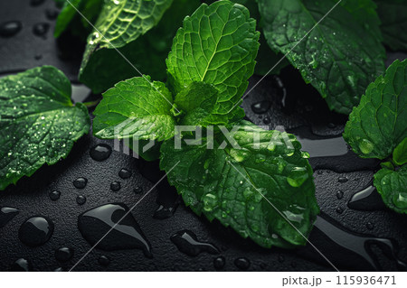 Mint leaves in drops of water on a dark table, ingredients for a mojito, an idea for a phone screensaver or background Mint leaves in drops of water on a dark table, ingredients for a mojito, an idea for a phone screensaver or background 115936471