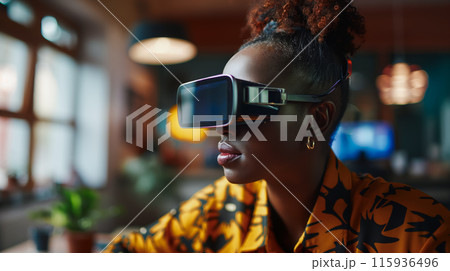 A portrait of a female programmer with a VR headset working remotely from home and immersed in the project as much as possible, emphasizes the global and inclusive nature of modern workplaces 115936496