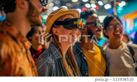 Portrait of a laughing young woman with a VR headset surrounded by friends at an exhibition of digital technologies exploring the world that opens up to her in virtual reality 115936510