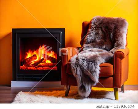 Cozy club chair, blanket, fireplace in living room 115936574