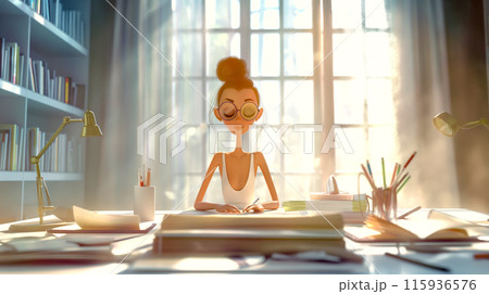 Portrait of a concentrated beautiful girl artist - illustrator working at a table against the backdrop of a high light window 115936576