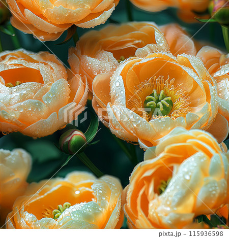 Idea for an endless pattern with peonies in raindrops, close-up Idea for an endless pattern with peonies in raindrops, close-up 115936598