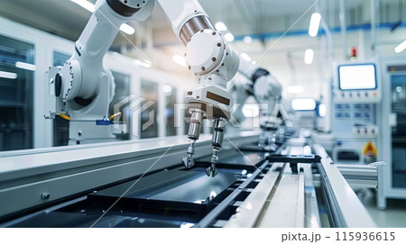 Detailed view of a robotic arm at a high-tech factory assembling products, modern robotic production under the control of an artificial intelligence Detailed view of a robotic arm at a high-tech factory assembling products, modern robotic production under the control of an artificial intelligence 115936615