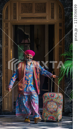 A full-length portrait of a hotel receptionist in a beautiful oriental costume helps deliver the guest's luggage, merging fantasy and hospitality, offering guests a unique travel experience 115936699