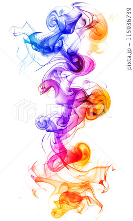 Watercolor with intertwined multi-colored streams of smoke or steam on a neutral background, the play of light and shadow adds depth and dimension to the scene 115936739