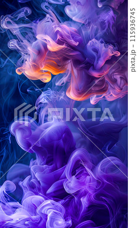 Clouds of intertwining orange and purple smoke, abstraction on a dark background, screensaver for a smartphone 115936745