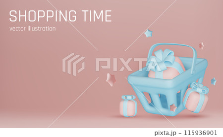 Great discount banner design with 3d gift box, shopping bag and Food basket 115936901