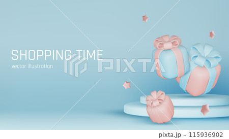 Banner for online shopping with 3d realistic gifts and gift bags for valentine's day, new year, and other holidays isolated on blue background. Vector illustration 115936902