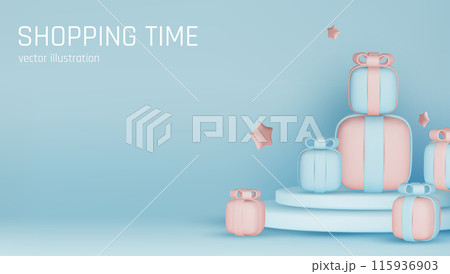 Banner for online shopping with 3d realistic gifts and gift bags for valentine's day, new year, and other holidays isolated on blue background. Vector illustration 115936903
