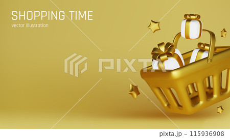 Food basket full of boxes of goods. Blue shopping cart realistic 3d object. shopping time. Creative concept idea design. Web landing page, banner and poster. vector illustration 115936908