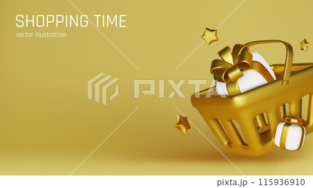 Food basket full of boxes of goods. Blue shopping cart realistic 3d object. shopping time. Creative concept idea design. Web landing page, banner and poster. vector illustration 115936910