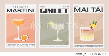 Pornstar Martini, Gimlet and Mai Tai Cocktail. Classic alcohol beverage recipe. Set of modern trendy graphic print. Summer aperitif wall art. Minimalist poster with garnish drink. Vector illustration. 115936953