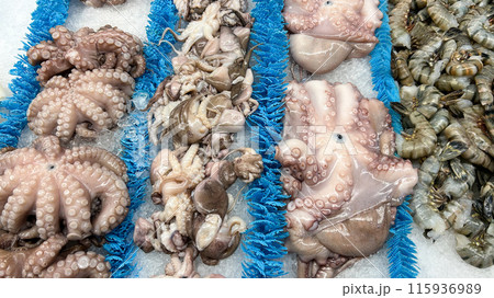 An assortment of fresh octopus and shrimp is displayed on ice at a seafood market An assortment of fresh octopus and shrimp is displayed on ice at a seafood market 115936989