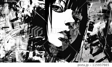 Cool grungy y2k anime manga collage set with a negative photocopy effect . Rough brutal elements for 90s vintage design. Ai generation. Cool grungy y2k anime manga collage set with a negative photocopy effect . Rough brutal elements for 90s vintage design. Ai generation. 115937665