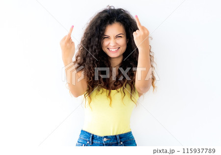 Gorgeous young girl showing middle fingers 115937789