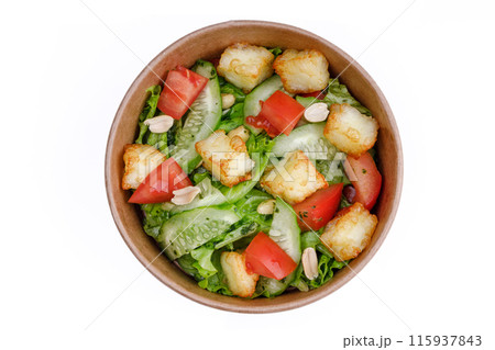 Salad with cheese, cucumber and tomatoes on a white background, for a food delivery site 2 Salad with cheese, cucumber and tomatoes on a white background, for a food delivery site 2 115937843