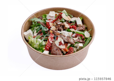 Salad with veal and tofu on a white background, for a food delivery site 1 Salad with veal and tofu on a white background, for a food delivery site 1 115937846