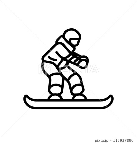 snowboarding icon or modern line symbol. Vector line art and icon design with bold outline. Black and white Pixel Perfect minimalistic symbol isolated white background. Silhouette simple thin sign snowboarding icon or modern line symbol. Vector line art and icon design with bold outline. Black and white Pixel Perfect minimalistic symbol isolated white background. Silhouette simple thin sign 115937890