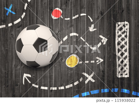 Soccer strategy depicted on a wooden board Soccer strategy depicted on a wooden board 115938022