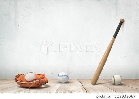 3d rendering of baseball, bat and glove on wooden floor 115938067