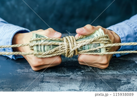 Hands tied with rope, cash bound conceptのイラスト素材 [115938089] - PIXTA