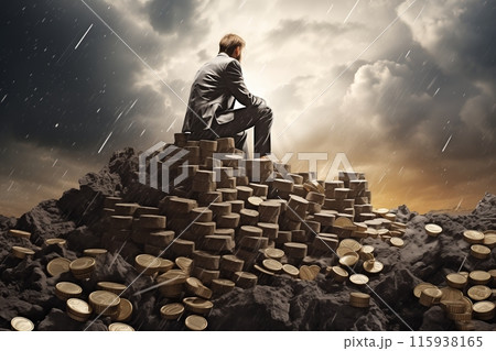 Businessman climbing a mountain of coins 115938165