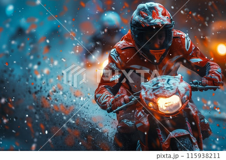 Motorcyclist racing through splashing water Motorcyclist racing through splashing water 115938211