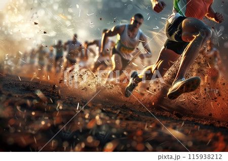 Runners sprinting fiercely in a dusty terrain Runners sprinting fiercely in a dusty terrain 115938212