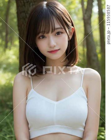 山で優しく微笑むミディアムヘアの女性 115938587