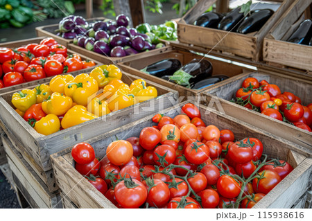 Vegetables including tomatoes, eggplants and bell peppers at a farmers market stand Vegetables including tomatoes, eggplants and bell peppers at a farmers market stand 115938616