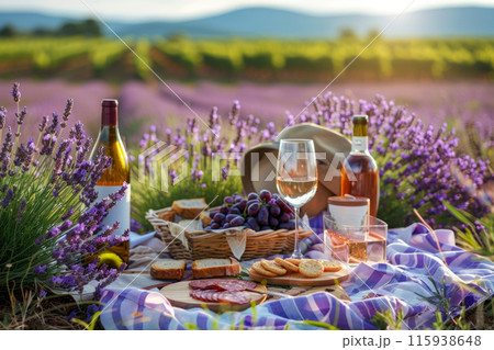 Picnic setup in a lavender field featuring a bottle of wine, a glass, grapes, lavender flowers 115938648