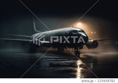 Airplane at the airport at night in the rain. Neural network AI generated art 115938782