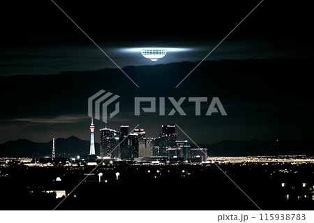 Ufo spaceship over the city. Neural network AI generated art 115938783