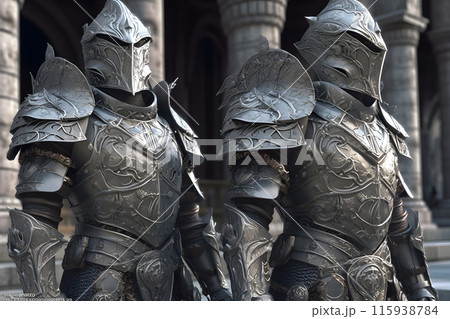 Knights in armor at the castle. Medieval warrior. Neural network AI generated art 115938784